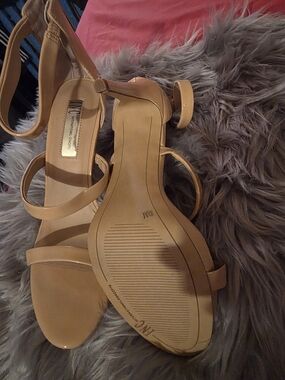 INC International Concepts Tan Strappy Mid Block Heel Sandals